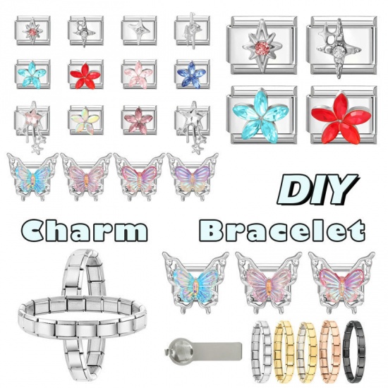 Picture of 1 Piece 304 Stainless Steel & Zinc Based Alloy Italian Charm Links For DIY Modular Bracelet Watch Jewelry Making Wholesale Silver Tone Rectangle Star Pink Rhinestone 10mm x 9mm