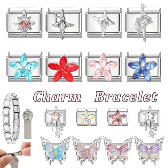 Picture of 1 Piece 304 Stainless Steel & Zinc Based Alloy Italian Charm Links For DIY Modular Bracelet Watch Jewelry Making Wholesale Silver Tone Rectangle Star Pink Rhinestone 10mm x 9mm