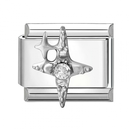 Picture of 1 Piece 304 Stainless Steel & Zinc Based Alloy Italian Charm Links For DIY Modular Bracelet Watch Jewelry Making Wholesale Silver Tone Rectangle Star Clear Rhinestone 10mm x 9mm
