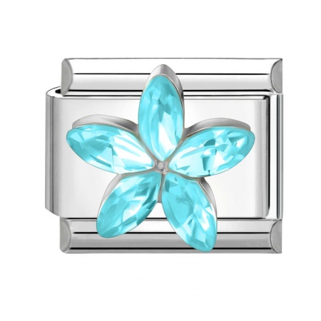 Picture of 1 Piece 304 Stainless Steel & Zinc Based Alloy Italian Charm Links For DIY Modular Bracelet Watch Jewelry Making Wholesale Silver Tone Rectangle Flower Blue Rhinestone 10mm x 9mm