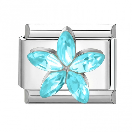 Picture of 1 Piece 304 Stainless Steel & Zinc Based Alloy Italian Charm Links For DIY Modular Bracelet Watch Jewelry Making Wholesale Silver Tone Rectangle Flower Blue Rhinestone 10mm x 9mm