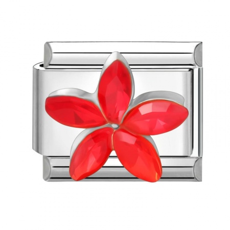Picture of 1 Piece 304 Stainless Steel & Zinc Based Alloy Italian Charm Links For DIY Modular Bracelet Watch Jewelry Making Wholesale Silver Tone Rectangle Flower Red Rhinestone 10mm x 9mm