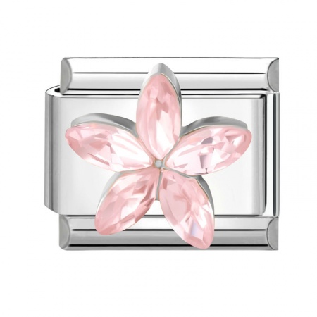 Picture of 1 Piece 304 Stainless Steel & Zinc Based Alloy Italian Charm Links For DIY Modular Bracelet Watch Jewelry Making Wholesale Silver Tone Rectangle Flower Pink Rhinestone 10mm x 9mm