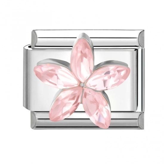 Picture of 1 Piece 304 Stainless Steel & Zinc Based Alloy Italian Charm Links For DIY Modular Bracelet Watch Jewelry Making Wholesale Silver Tone Rectangle Flower Pink Rhinestone 10mm x 9mm