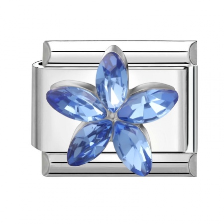 Picture of 1 Piece 304 Stainless Steel & Zinc Based Alloy Italian Charm Links For DIY Modular Bracelet Watch Jewelry Making Wholesale Silver Tone Rectangle Flower Dark Blue Rhinestone 10mm x 9mm
