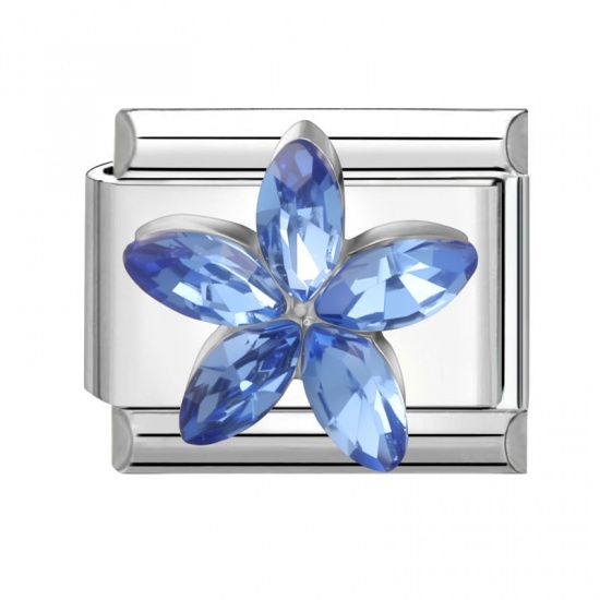 Picture of 1 Piece 304 Stainless Steel & Zinc Based Alloy Italian Charm Links For DIY Modular Bracelet Watch Jewelry Making Wholesale Silver Tone Rectangle Flower Dark Blue Rhinestone 10mm x 9mm