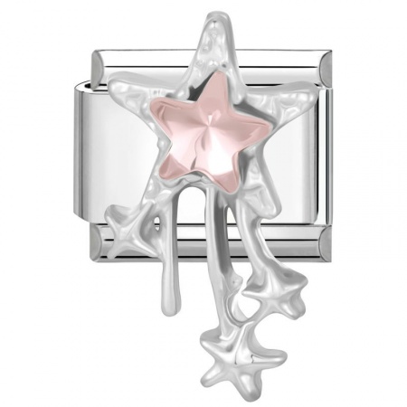Picture of 1 Piece 304 Stainless Steel & Zinc Based Alloy Italian Charm Links For DIY Modular Bracelet Watch Jewelry Making Wholesale Silver Tone Rectangle Pentagram Star Pink Rhinestone 10mm x 9mm