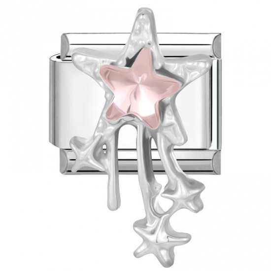 Picture of 1 Piece 304 Stainless Steel & Zinc Based Alloy Italian Charm Links For DIY Modular Bracelet Watch Jewelry Making Wholesale Silver Tone Rectangle Pentagram Star Pink Rhinestone 10mm x 9mm