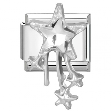 Picture of 1 Piece 304 Stainless Steel & Zinc Based Alloy Italian Charm Links For DIY Modular Bracelet Watch Jewelry Making Wholesale Silver Tone Rectangle Pentagram Star Clear Rhinestone 10mm x 9mm