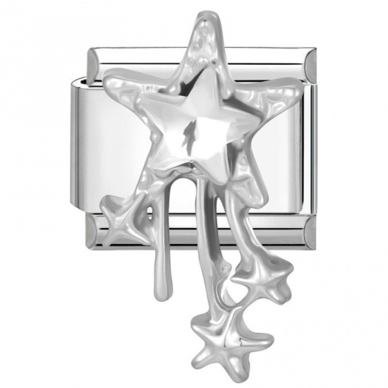 Picture of 1 Piece 304 Stainless Steel & Zinc Based Alloy Italian Charm Links For DIY Modular Bracelet Watch Jewelry Making Wholesale Silver Tone Rectangle Pentagram Star Clear Rhinestone 10mm x 9mm