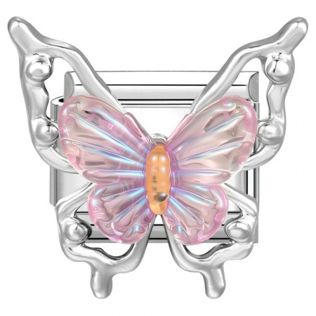 Picture of 1 Piece 304 Stainless Steel & Zinc Based Alloy Italian Charm Links For DIY Modular Bracelet Watch Jewelry Making Wholesale Silver Tone Pink Rectangle Butterfly 10mm x 9mm