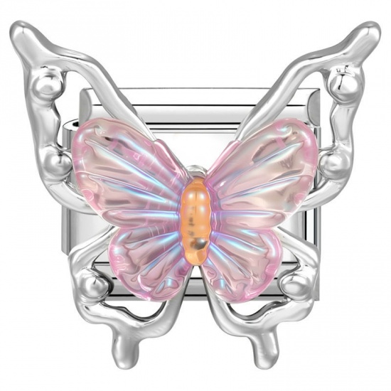 Picture of 1 Piece 304 Stainless Steel & Zinc Based Alloy Italian Charm Links For DIY Modular Bracelet Watch Jewelry Making Wholesale Silver Tone Pink Rectangle Butterfly 10mm x 9mm