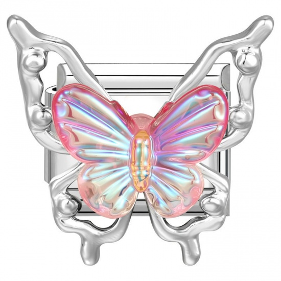 Picture of 1 Piece 304 Stainless Steel & Zinc Based Alloy Italian Charm Links For DIY Modular Bracelet Watch Jewelry Making Wholesale Silver Tone Fuchsia Rectangle Butterfly 10mm x 9mm