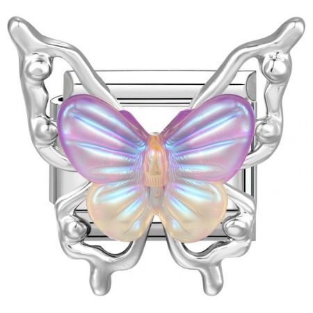 Picture of 1 Piece 304 Stainless Steel & Zinc Based Alloy Italian Charm Links For DIY Modular Bracelet Watch Jewelry Making Wholesale Silver Tone Purple Rectangle Butterfly 10mm x 9mm