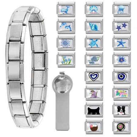 Immagine di 1 Serie 304 Acciaio Inossidabile Magnetiche Italiane per Bracciali Modulari e Orologi Fai‑Da‑Te All'Ingrosso Tono Argento Blu Fiore Animali Marini 10mm x 9mm
