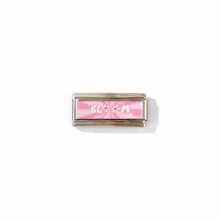 Picture of 1 Piece 304 Stainless Steel Positive Quotes Energy Italian Charm Links For DIY Modular Bracelet Watch Jewelry Making Wholesale Silver Tone Light Pink Rectangle Message " Bloom " 20mm x 9mm
