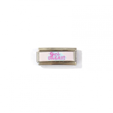 Picture of 1 Piece 304 Stainless Steel Positive Quotes Energy Italian Charm Links For DIY Modular Bracelet Watch Jewelry Making Wholesale Silver Tone Light Pink Rectangle Message " Girl Dream " 20mm x 9mm