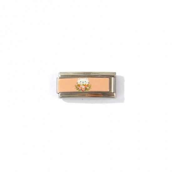 Picture of 1 Piece 304 Stainless Steel Italian Charm Links For DIY Modular Bracelet Watch Jewelry Making Wholesale Silver Tone Orange Pink Rectangle Cat 20mm x 9mm