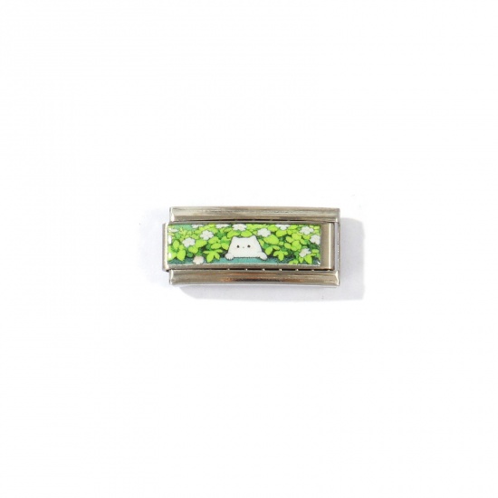 Picture of 1 Piece 304 Stainless Steel Italian Charm Links For DIY Modular Bracelet Watch Jewelry Making Wholesale Silver Tone Green Rectangle Cat 20mm x 9mm