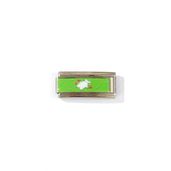 Picture of 1 Piece 304 Stainless Steel Italian Charm Links For DIY Modular Bracelet Watch Jewelry Making Wholesale Silver Tone Green Rectangle Cat 20mm x 9mm