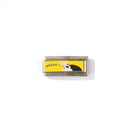 Picture of 1 Piece 304 Stainless Steel Italian Charm Links For DIY Modular Bracelet Watch Jewelry Making Wholesale Silver Tone Yellow Rectangle Cat 20mm x 9mm