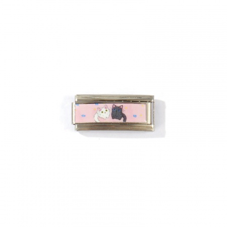 Picture of 1 Piece 304 Stainless Steel Italian Charm Links For DIY Modular Bracelet Watch Jewelry Making Wholesale Silver Tone Pink Rectangle Cat 20mm x 9mm
