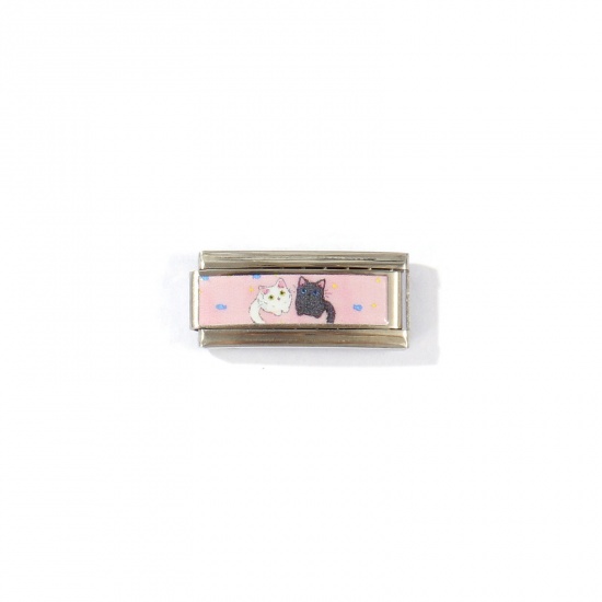 Picture of 1 Piece 304 Stainless Steel Italian Charm Links For DIY Modular Bracelet Watch Jewelry Making Wholesale Silver Tone Pink Rectangle Cat 20mm x 9mm
