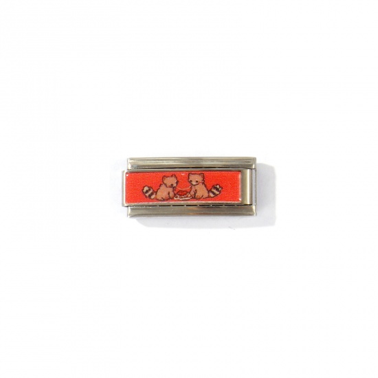 Picture of 1 Piece 304 Stainless Steel Italian Charm Links For DIY Modular Bracelet Watch Jewelry Making Wholesale Silver Tone Orange Rectangle Cat 20mm x 9mm