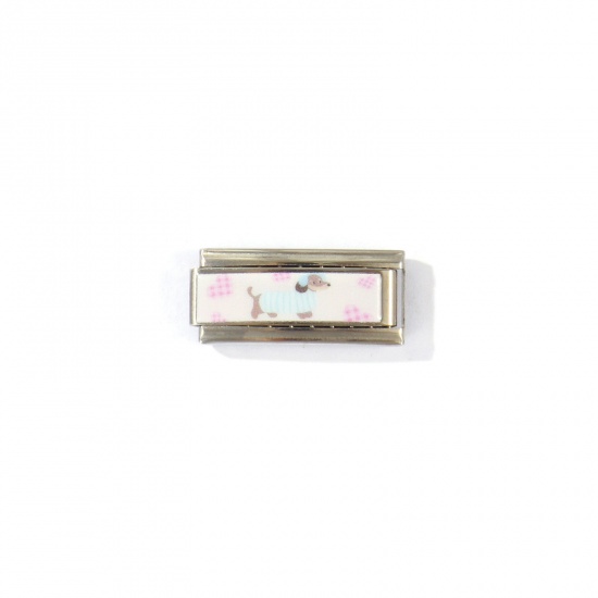 Picture of 1 Piece 304 Stainless Steel Italian Charm Links For DIY Modular Bracelet Watch Jewelry Making Wholesale Silver Tone Light Pink Rectangle Dog 20mm x 9mm