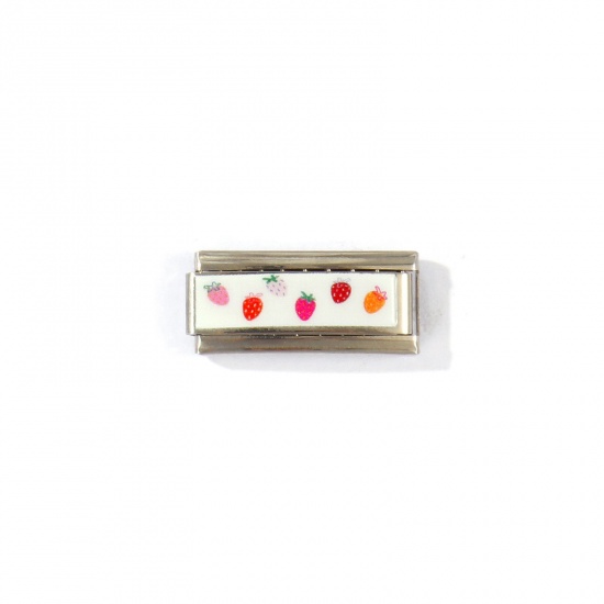 Picture of 1 Piece 304 Stainless Steel Italian Charm Links For DIY Modular Bracelet Watch Jewelry Making Wholesale Silver Tone Multicolor Rectangle Strawberry Fruit 20mm x 9mm