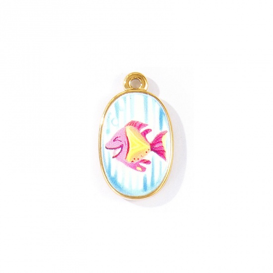 Bild von 2 Stück Umweltfreundliche PVD 304 Edelstahl Ozean Schmuck Charms Großhandel 18K Echtgold plattiert Oval Fisch Gedruckt 23mm x 14mm