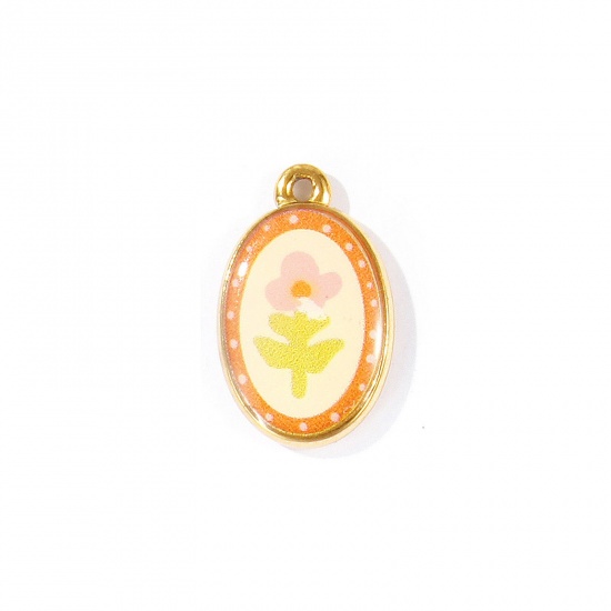 Bild von 2 Stück Umweltfreundliche PVD 304 Edelstahl Flora Kollektion Charms Großhandel 18K Echtgold plattiert Oval Blumen Gedruckt 23.5mm x 15mm