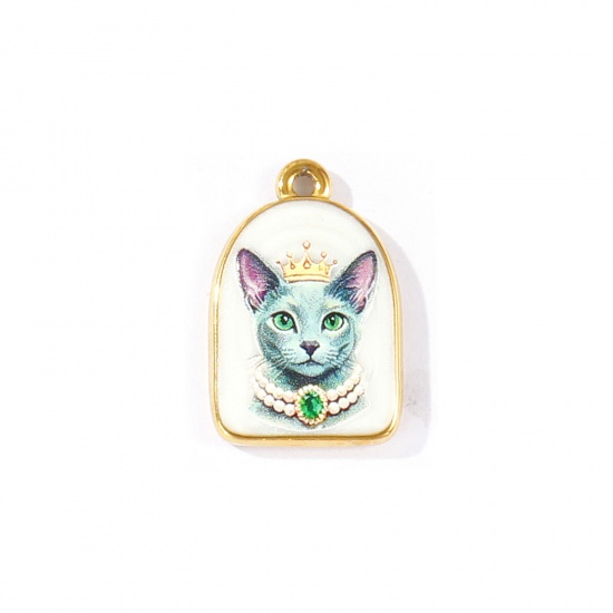 Bild von 2 Stück Umweltfreundliche PVD 304 Edelstahl Charms Großhandel 18K Echtgold plattiert Halbe Ellipse Katze Gedruckt 23mm x 15mm