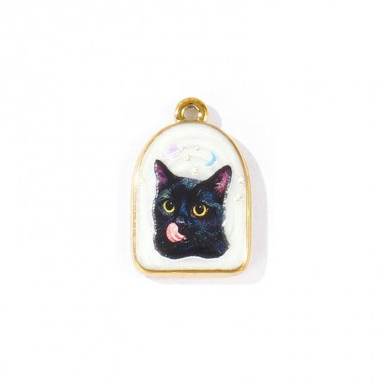 Bild von 2 Stück Umweltfreundliche PVD 304 Edelstahl Charms Großhandel 18K Echtgold plattiert Halbe Ellipse Katze Gedruckt 23mm x 15mm