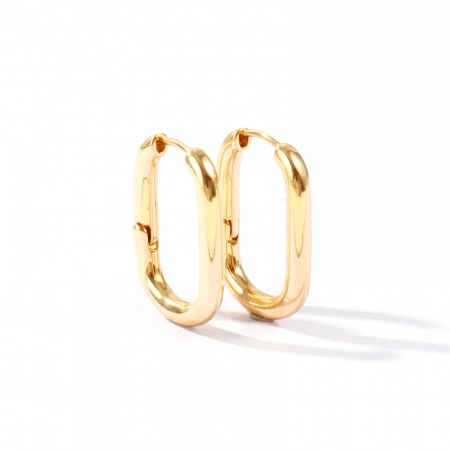 Immagine di Semplice Elegante Orecchini Circolari All'Ingrosso, Rettangolo Liscio Placcato Oro 18K Ottone, Donne Regalo Fornitura di Gioielli, 25mm x 18mm, Posta/Filo Dimensione: 1mm(18 misura), 1 Paio
