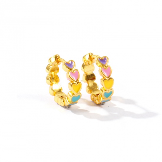 Picture of Wholesale Stylish Sweet & Cute Hoop Earrings, Round Multicolor Enamel 18K Gold Plated Brass, Women's Gift Jewelry Supply, 12.5mm Dia., Post/ Wire Size: 0.8mm(20 gauge), 1 Pair