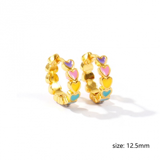 Picture of Wholesale Stylish Sweet & Cute Hoop Earrings, Round Multicolor Enamel 18K Gold Plated Brass, Women's Gift Jewelry Supply, 12.5mm Dia., Post/ Wire Size: 0.8mm(20 gauge), 1 Pair
