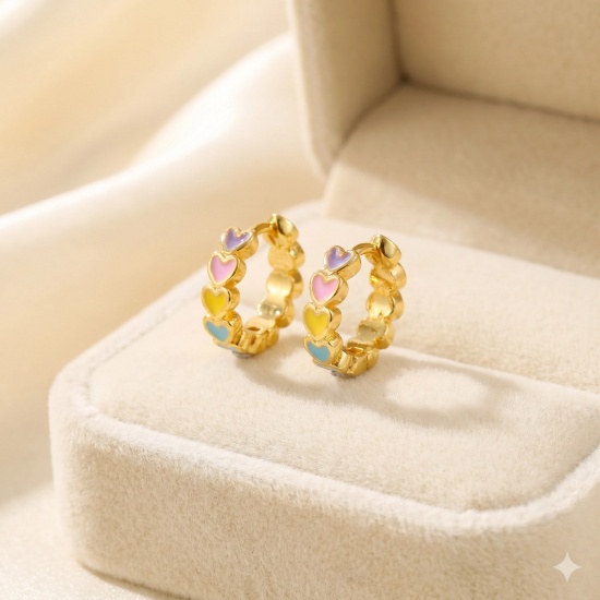 Picture of Wholesale Stylish Sweet & Cute Hoop Earrings, Round Multicolor Enamel 18K Gold Plated Brass, Women's Gift Jewelry Supply, 12.5mm Dia., Post/ Wire Size: 0.8mm(20 gauge), 1 Pair