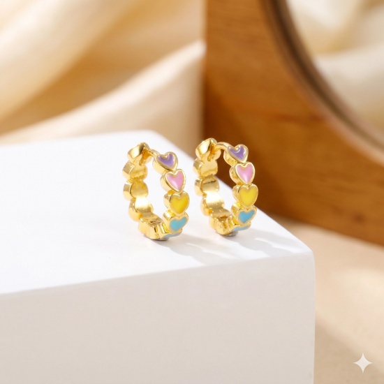 Picture of Wholesale Stylish Sweet & Cute Hoop Earrings, Round Multicolor Enamel 18K Gold Plated Brass, Women's Gift Jewelry Supply, 12.5mm Dia., Post/ Wire Size: 0.8mm(20 gauge), 1 Pair