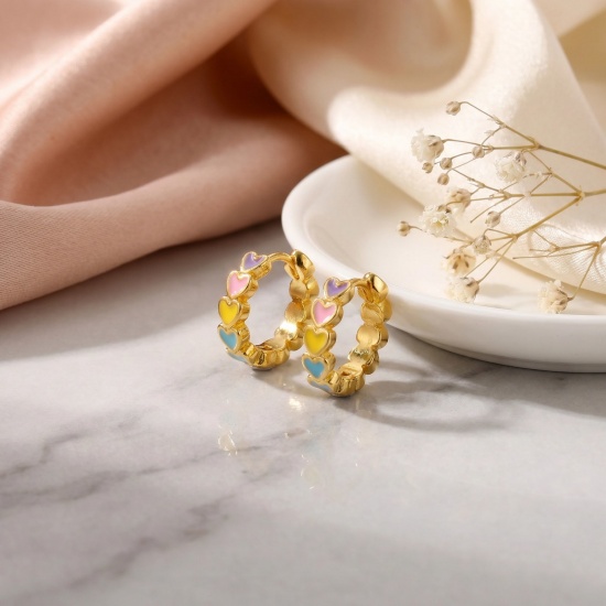Picture of Wholesale Stylish Sweet & Cute Hoop Earrings, Round Multicolor Enamel 18K Gold Plated Brass, Women's Gift Jewelry Supply, 12.5mm Dia., Post/ Wire Size: 0.8mm(20 gauge), 1 Pair