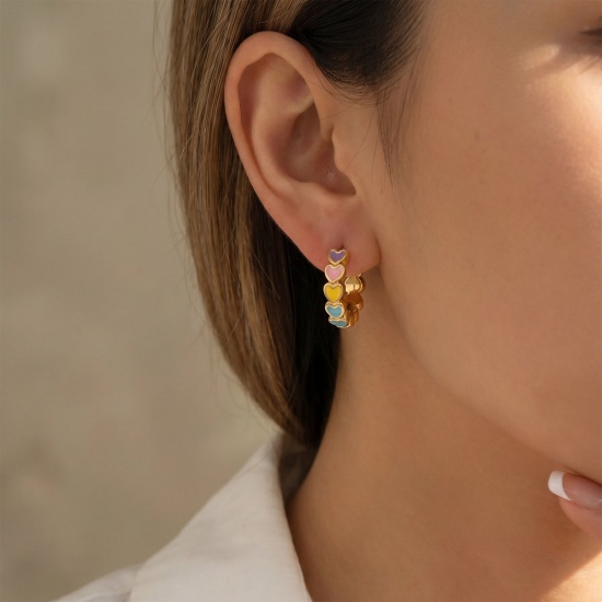 Picture of Wholesale Stylish Sweet & Cute Hoop Earrings, Round Multicolor Enamel 18K Gold Plated Brass, Women's Gift Jewelry Supply, 12.5mm Dia., Post/ Wire Size: 0.8mm(20 gauge), 1 Pair