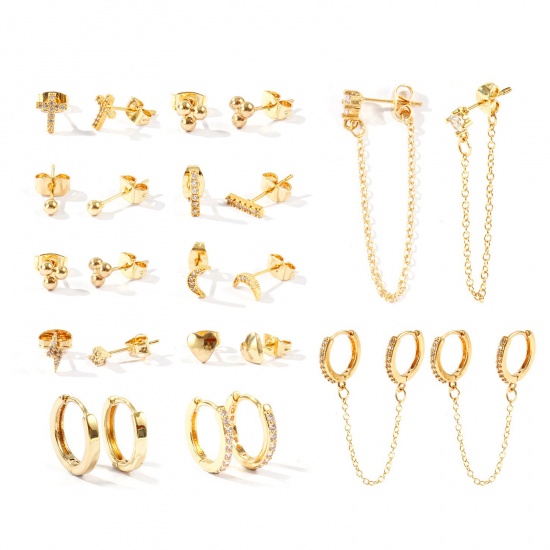 Bild von Großhandel Einfach Stilvoll Ohrring-Set, Herz Kreuz Klar Kubisches Zirkonia 18K Vergoldet Messing, Frauen Geschenk Schmuckbedarf, Stift-/Drahtgröße: 0.7mm(21 Gauge), 1 Set ( 22 Stk./Set)