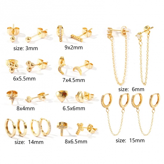 Bild von Großhandel Einfach Stilvoll Ohrring-Set, Herz Kreuz Klar Kubisches Zirkonia 18K Vergoldet Messing, Frauen Geschenk Schmuckbedarf, Stift-/Drahtgröße: 0.7mm(21 Gauge), 1 Set ( 22 Stk./Set)
