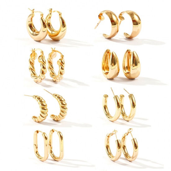 Immagine di Semplice Elegante Set di Orecchini All'Ingrosso, Forma di C Tondo Placcato Oro 18K Ottone, Donne Regalo Fornitura di Gioielli, Posta/Filo Dimensione: 0.7mm(21 misura), 1 Serie ( 16 Pz/Serie)