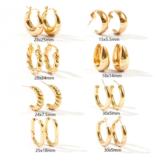 Immagine di Semplice Elegante Set di Orecchini All'Ingrosso, Forma di C Tondo Placcato Oro 18K Ottone, Donne Regalo Fornitura di Gioielli, Posta/Filo Dimensione: 0.7mm(21 misura), 1 Serie ( 16 Pz/Serie)