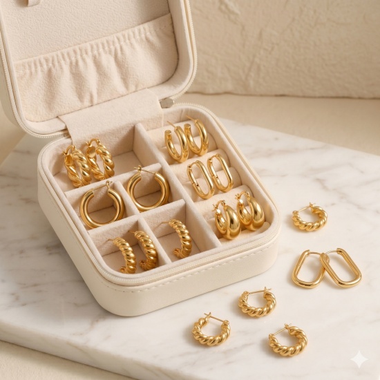 Immagine di Semplice Elegante Set di Orecchini All'Ingrosso, Forma di C Tondo Placcato Oro 18K Ottone, Donne Regalo Fornitura di Gioielli, Posta/Filo Dimensione: 0.7mm(21 misura), 1 Serie ( 16 Pz/Serie)