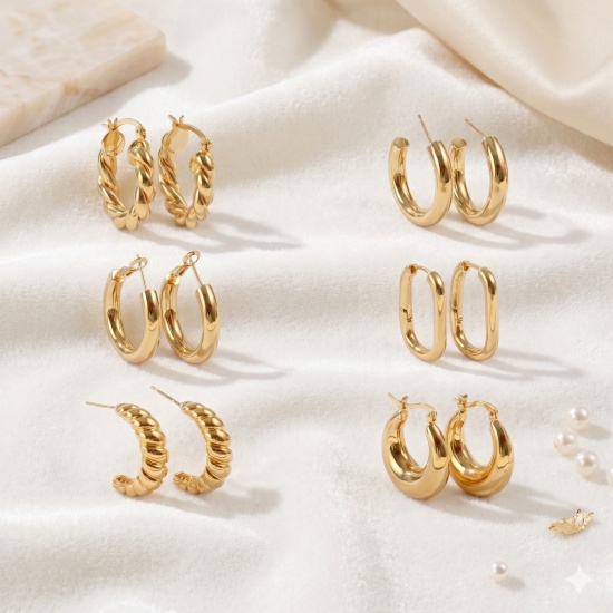 Immagine di Semplice Elegante Set di Orecchini All'Ingrosso, Forma di C Tondo Placcato Oro 18K Ottone, Donne Regalo Fornitura di Gioielli, Posta/Filo Dimensione: 0.7mm(21 misura), 1 Serie ( 16 Pz/Serie)