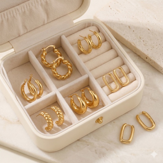 Immagine di Semplice Elegante Set di Orecchini All'Ingrosso, Forma di C Tondo Placcato Oro 18K Ottone, Donne Regalo Fornitura di Gioielli, Posta/Filo Dimensione: 0.7mm(21 misura), 1 Serie ( 16 Pz/Serie)