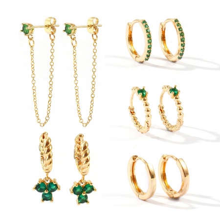 Picture of Wholesale Simple Stylish Earrings Set, Round Green Cubic Zirconia 18K Gold Plated Brass, Women's Gift Jewelry Supply, Post/ Wire Size: 0.9mm(19 gauge), 1 Set ( 10 PCs/Set)