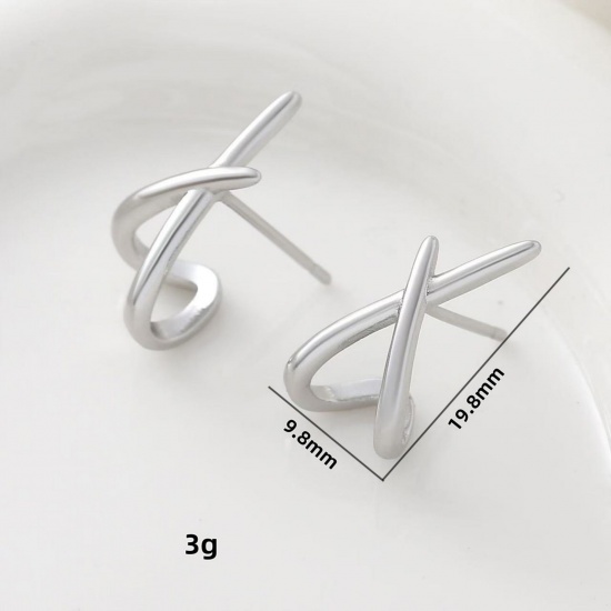 Immagine di Squisito Elegante Orecchini a Perno All'Ingrosso, Platino Placcato Ottone, Donne Regalo Fornitura di Gioielli, 19.8mm x 9.8mm, 1 Paio